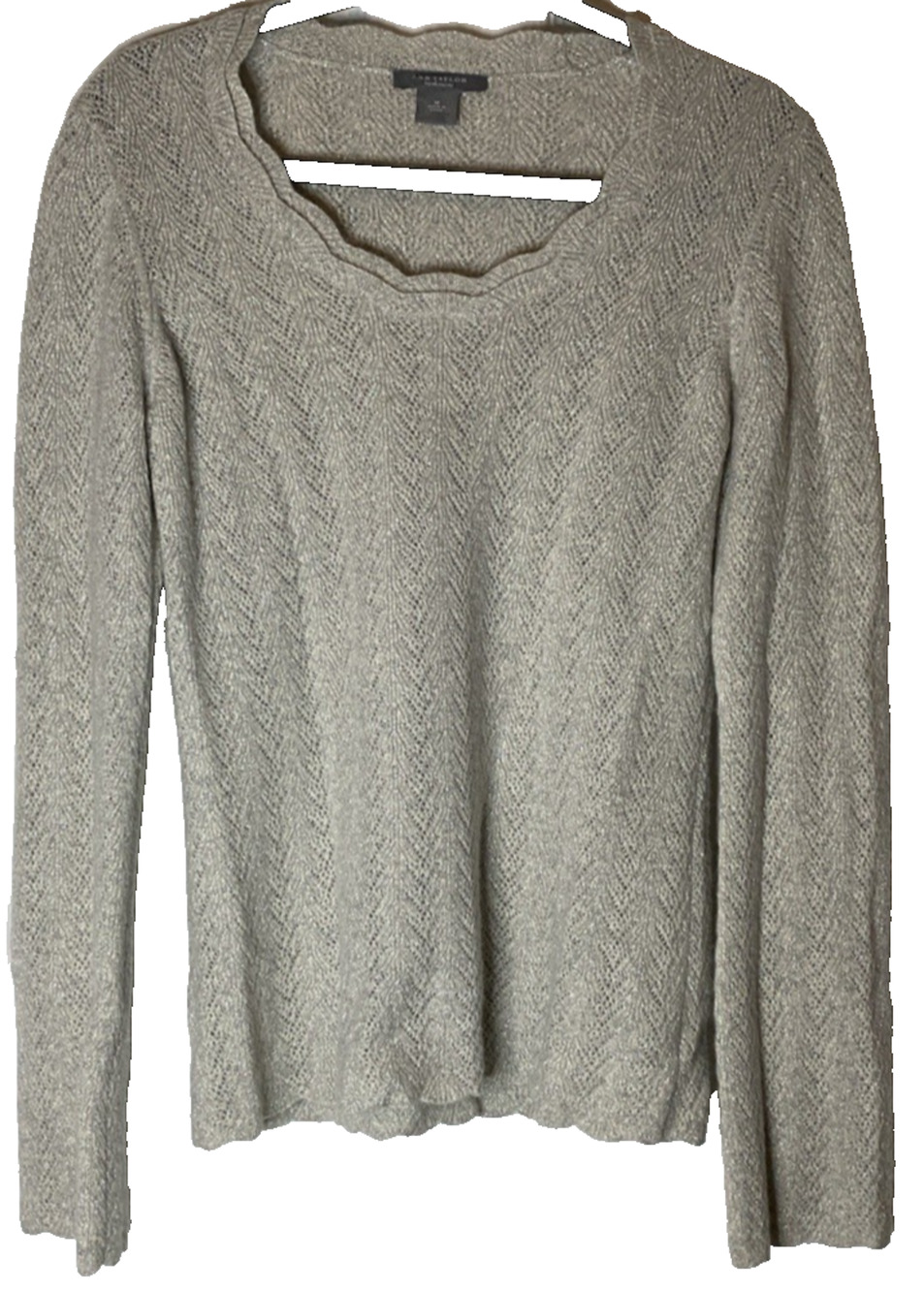 Ann Taylor 100% Cashmere Metallic Scallop Pointelle Knit Sweater M Grey Coquette